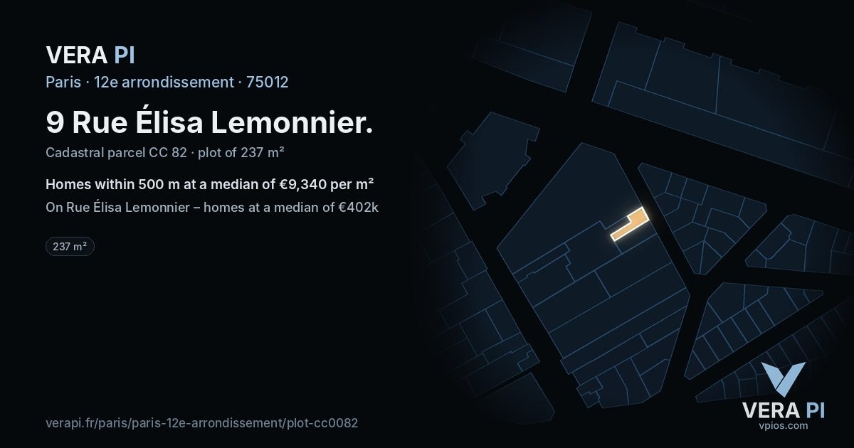 9 Rue Élisa Lemonnier, 12e arrondissement at night – the plot lit, the parcels around coloured by the prices near them