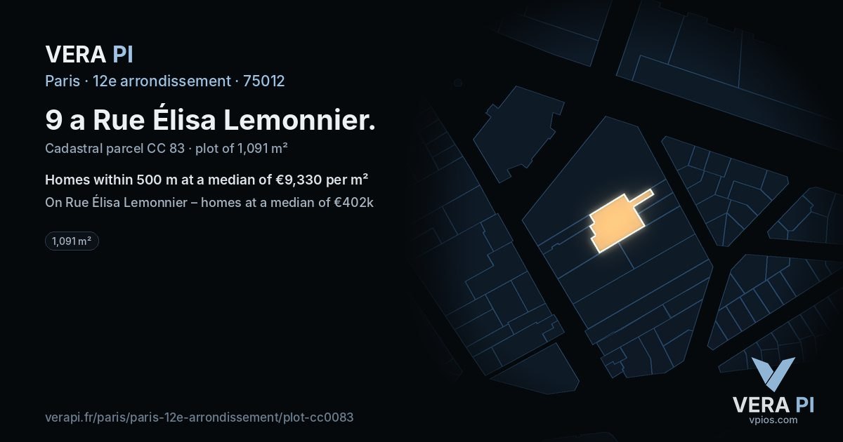 9 a Rue Élisa Lemonnier, 12e arrondissement at night – the plot lit, the parcels around coloured by the prices near them