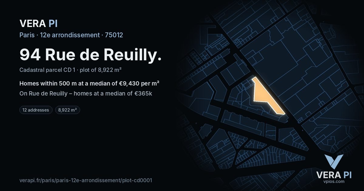 94 Rue de Reuilly, 12e arrondissement at night – the plot lit, the parcels around coloured by the prices near them