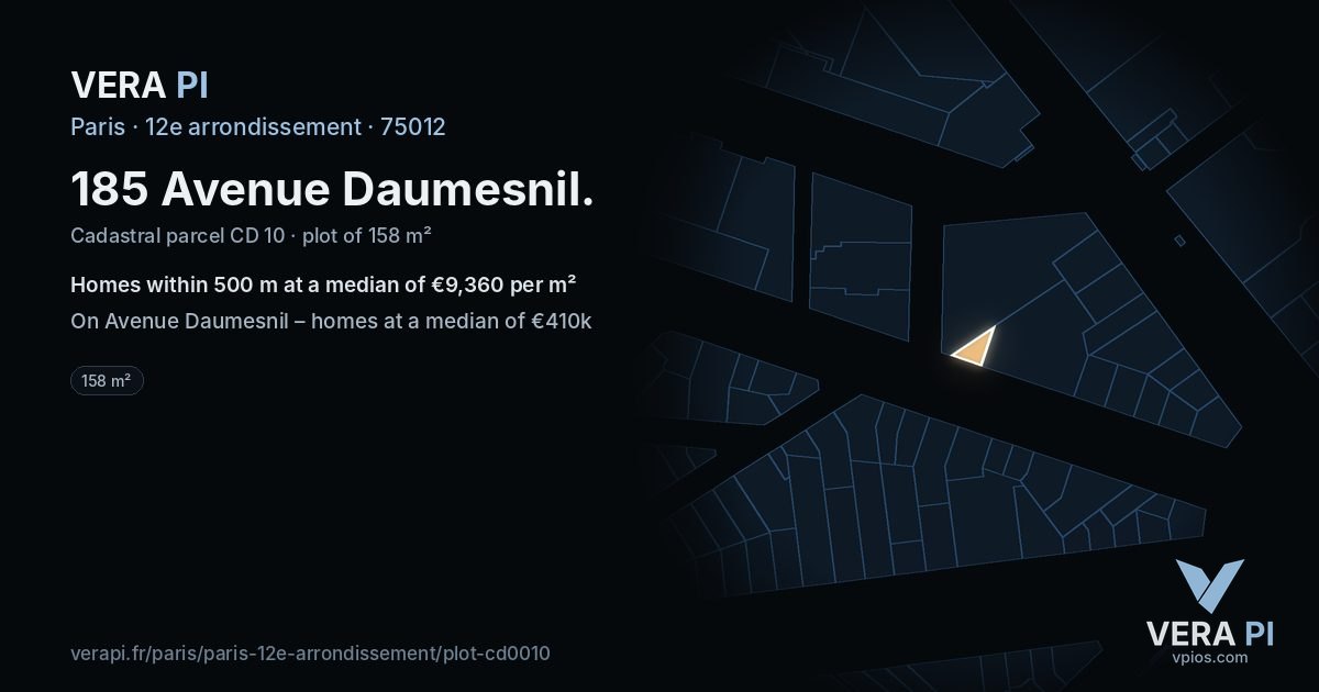 185 Avenue Daumesnil, 12e arrondissement at night – the plot lit, the parcels around coloured by the prices near them