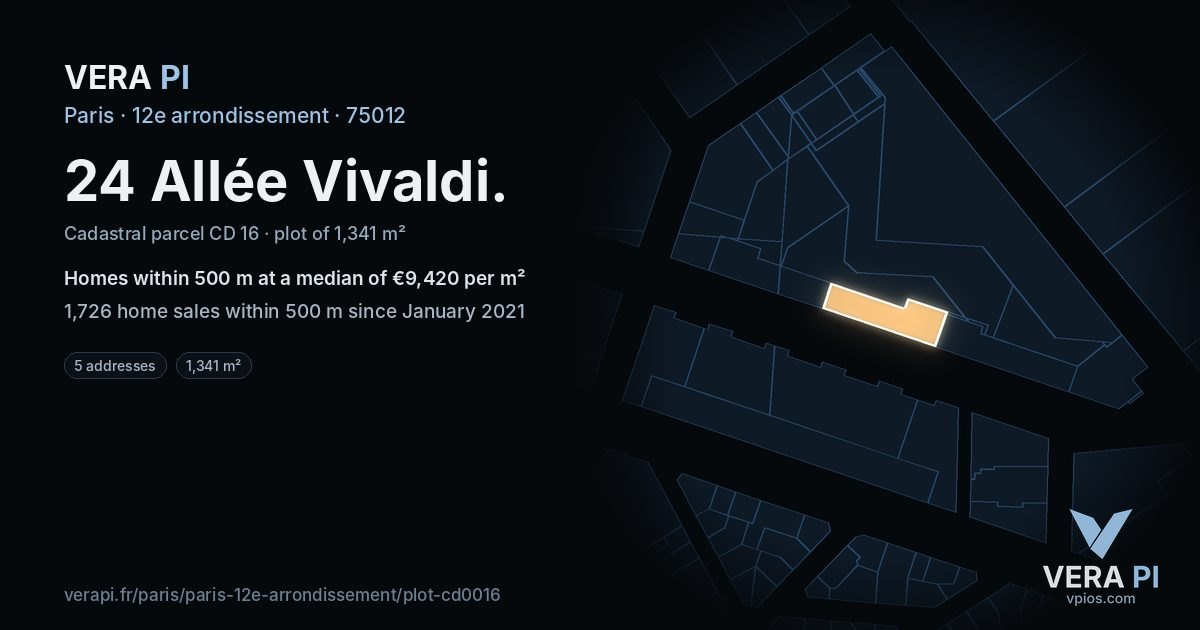 24 Allée Vivaldi, 12e arrondissement at night – the plot lit, the parcels around coloured by the prices near them