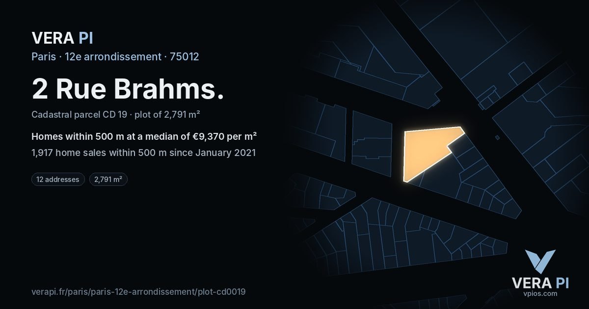 2 Rue Brahms, 12e arrondissement at night – the plot lit, the parcels around coloured by the prices near them