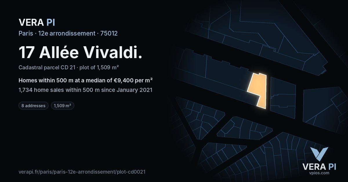 17 Allée Vivaldi, 12e arrondissement at night – the plot lit, the parcels around coloured by the prices near them