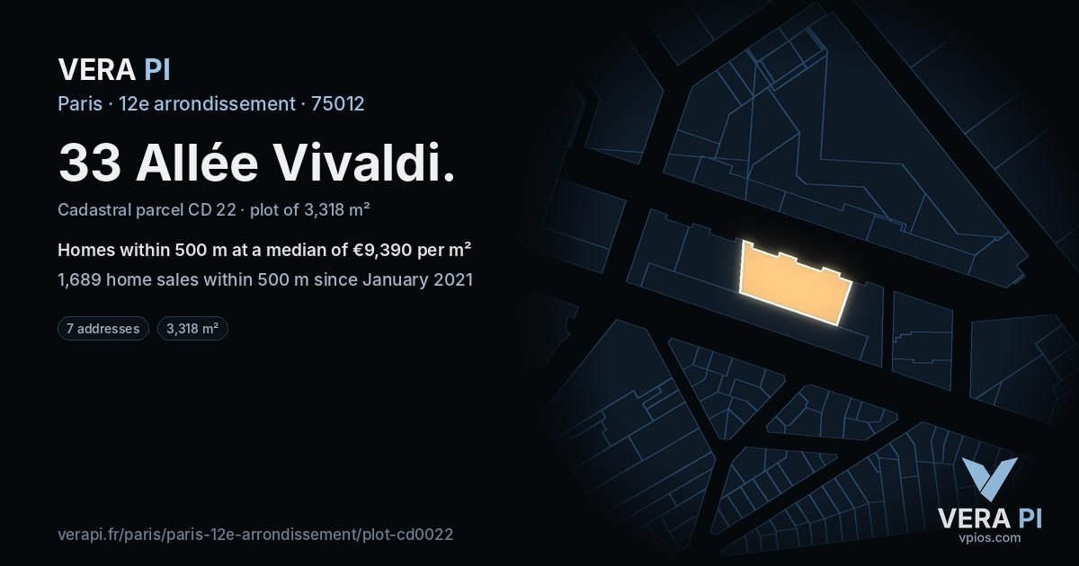 33 Allée Vivaldi, 12e arrondissement at night – the plot lit, the parcels around coloured by the prices near them