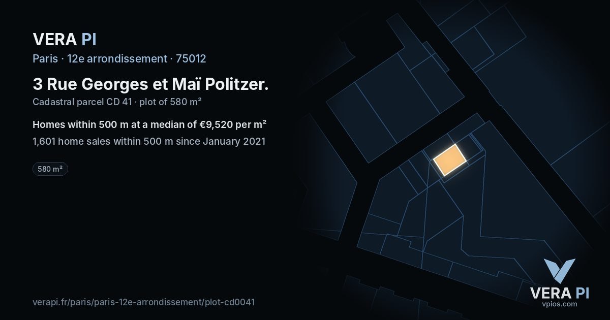 3 Rue Georges et Maï Politzer, 12e arrondissement at night – the plot lit, the parcels around coloured by the prices near them