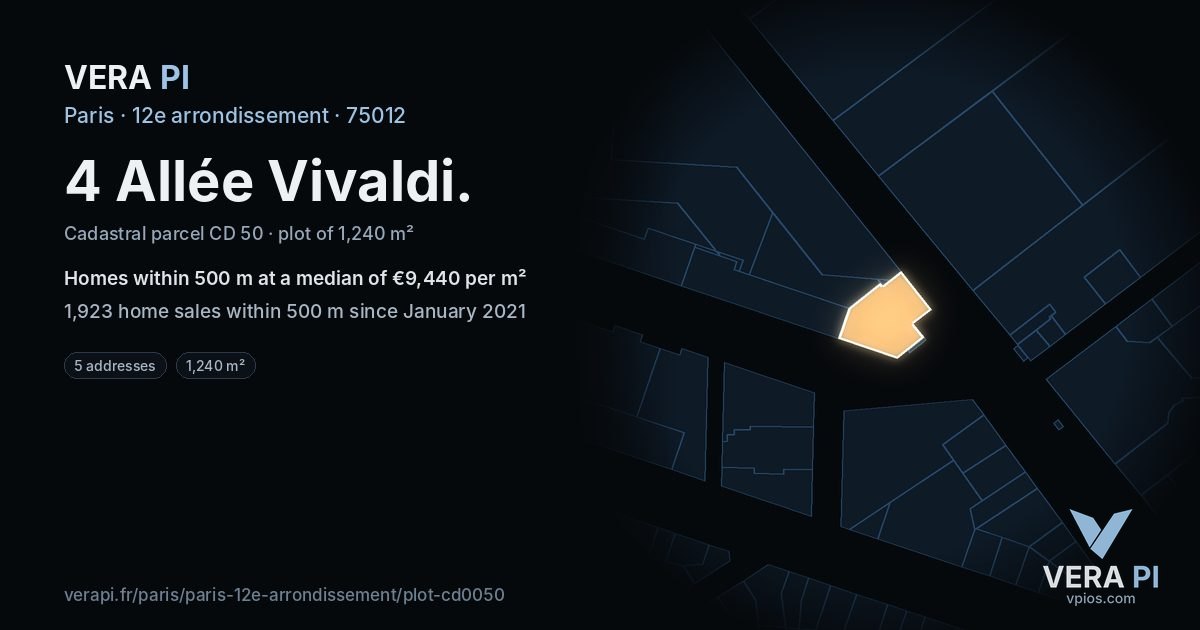4 Allée Vivaldi, 12e arrondissement at night – the plot lit, the parcels around coloured by the prices near them