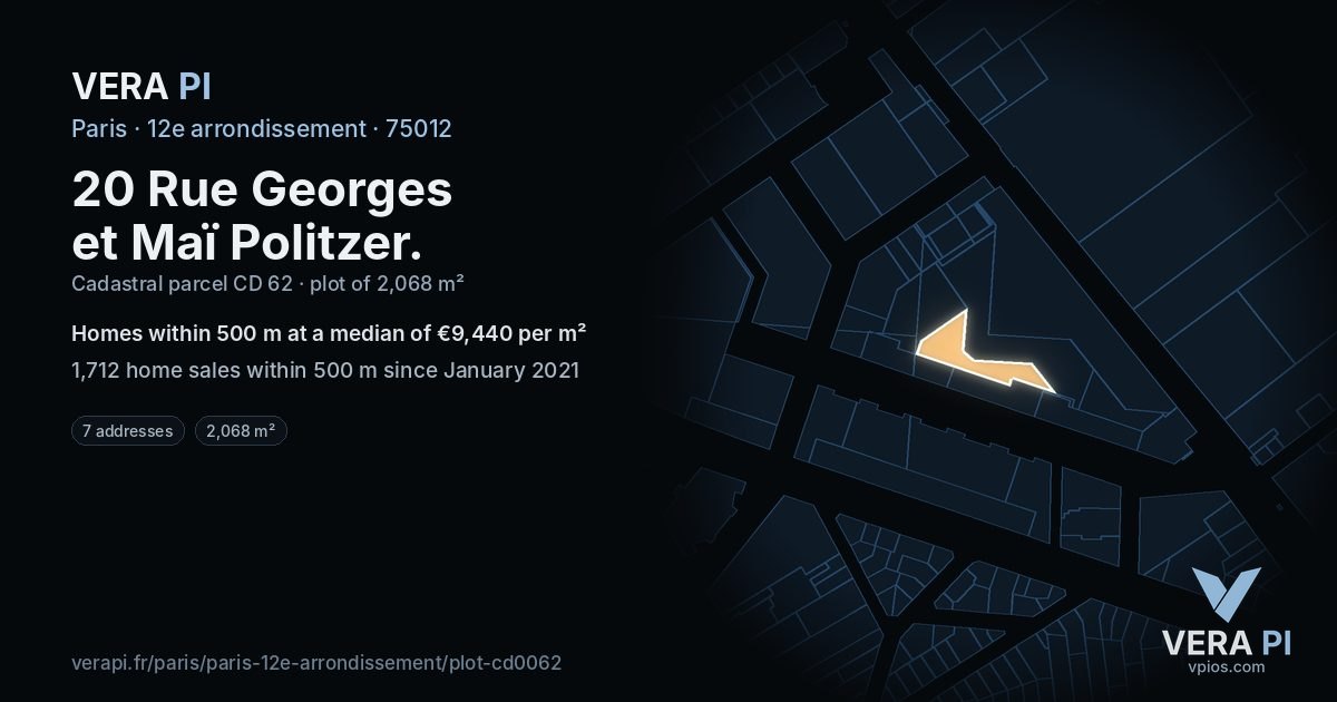 20 Rue Georges et Maï Politzer, 12e arrondissement at night – the plot lit, the parcels around coloured by the prices near them