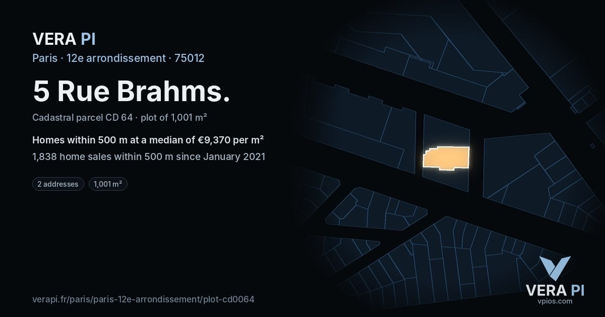 5 Rue Brahms, 12e arrondissement at night – the plot lit, the parcels around coloured by the prices near them