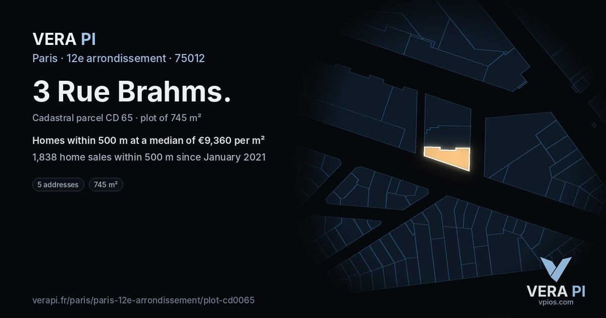 3 Rue Brahms, 12e arrondissement at night – the plot lit, the parcels around coloured by the prices near them