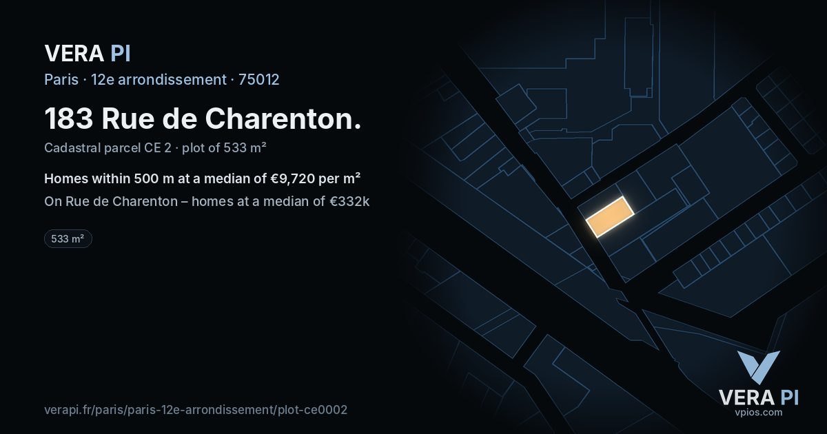 183 Rue de Charenton, 12e arrondissement at night – the plot lit, the parcels around coloured by the prices near them