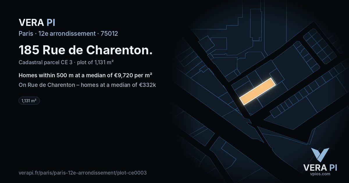 185 Rue de Charenton, 12e arrondissement at night – the plot lit, the parcels around coloured by the prices near them