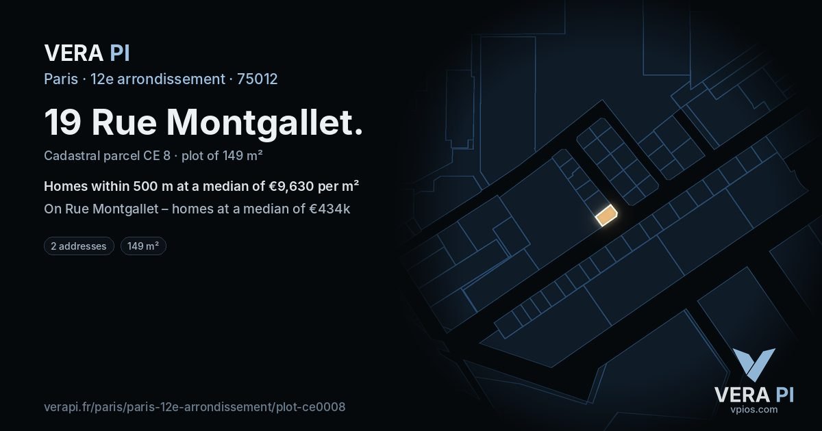 19 Rue Montgallet, 12e arrondissement at night – the plot lit, the parcels around coloured by the prices near them