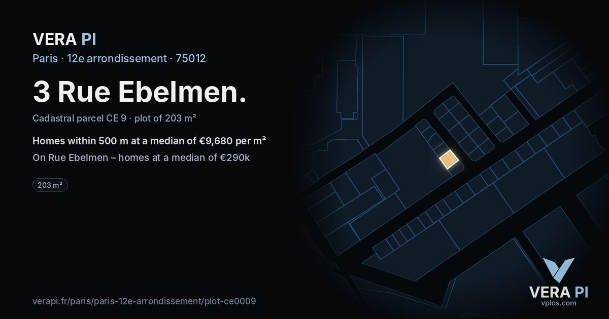 3 Rue Ebelmen, 12e arrondissement at night – the plot lit, the parcels around coloured by the prices near them