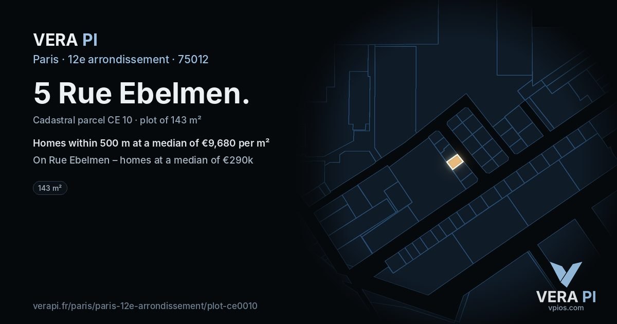 5 Rue Ebelmen, 12e arrondissement at night – the plot lit, the parcels around coloured by the prices near them
