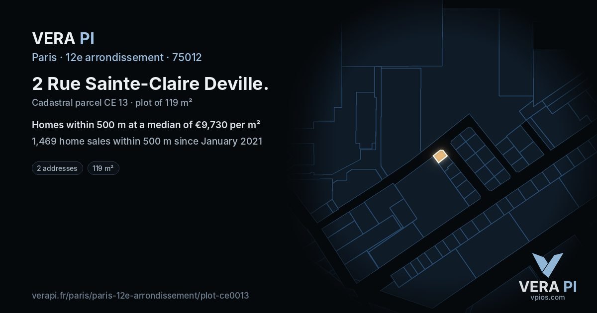 2 Rue Sainte-Claire Deville, 12e arrondissement at night – the plot lit, the parcels around coloured by the prices near them