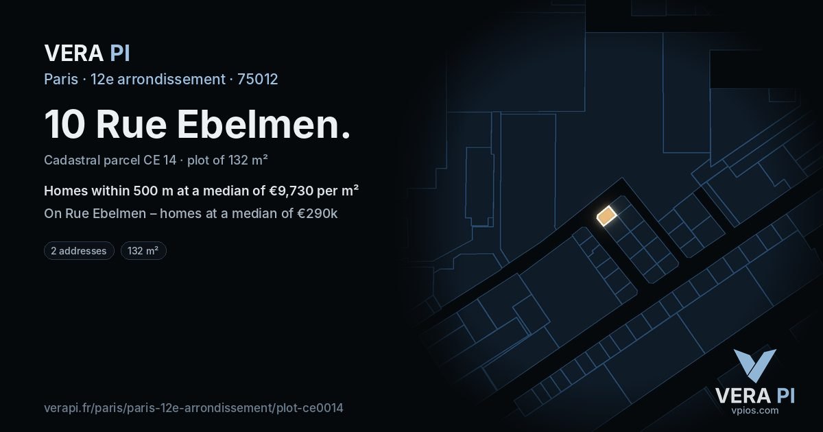 10 Rue Ebelmen, 12e arrondissement at night – the plot lit, the parcels around coloured by the prices near them