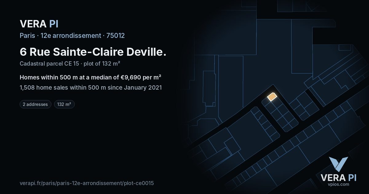 6 Rue Sainte-Claire Deville, 12e arrondissement at night – the plot lit, the parcels around coloured by the prices near them
