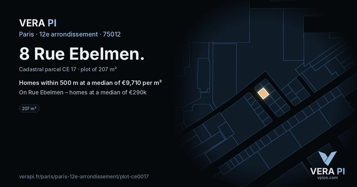8 Rue Ebelmen, 12e arrondissement at night – the plot lit, the parcels around coloured by the prices near them