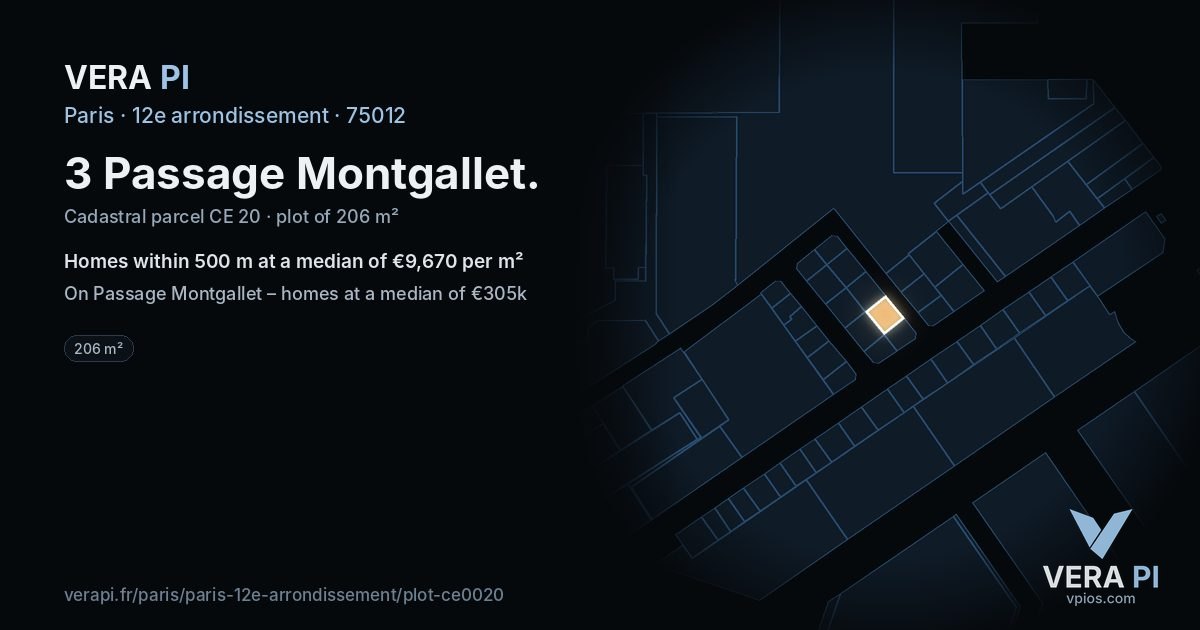 3 Passage Montgallet, 12e arrondissement at night – the plot lit, the parcels around coloured by the prices near them