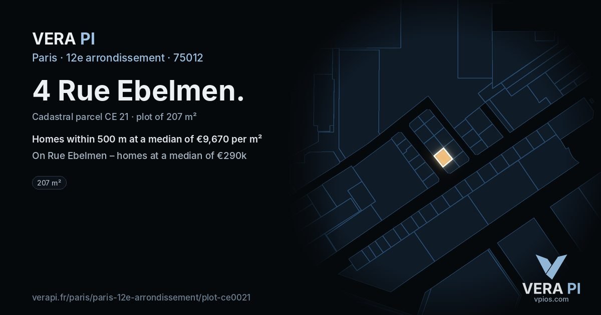 4 Rue Ebelmen, 12e arrondissement at night – the plot lit, the parcels around coloured by the prices near them