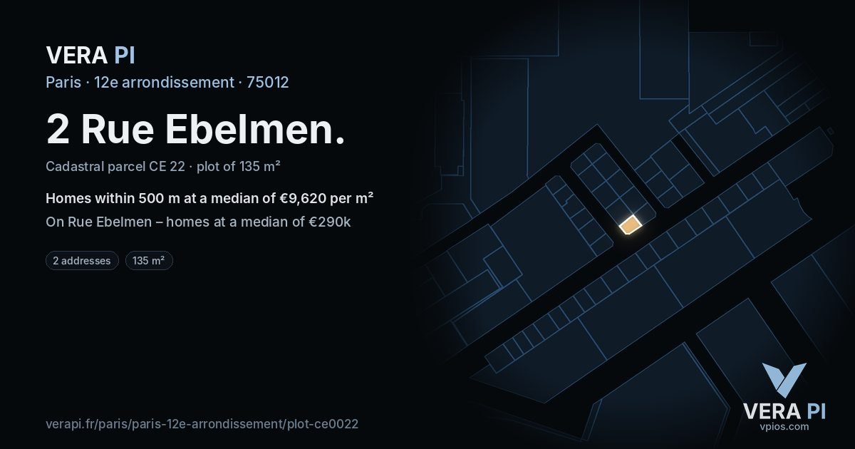 2 Rue Ebelmen, 12e arrondissement at night – the plot lit, the parcels around coloured by the prices near them
