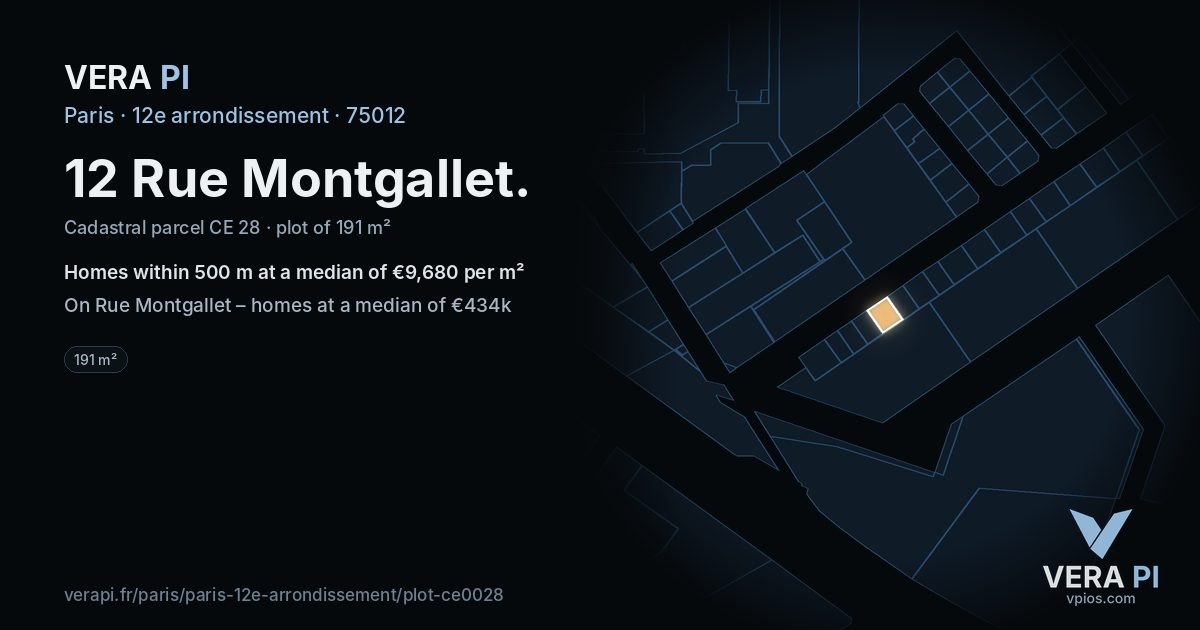 12 Rue Montgallet, 12e arrondissement at night – the plot lit, the parcels around coloured by the prices near them