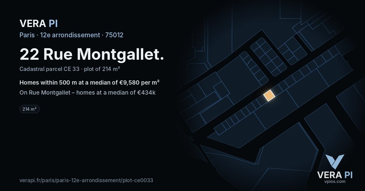 22 Rue Montgallet, 12e arrondissement at night – the plot lit, the parcels around coloured by the prices near them