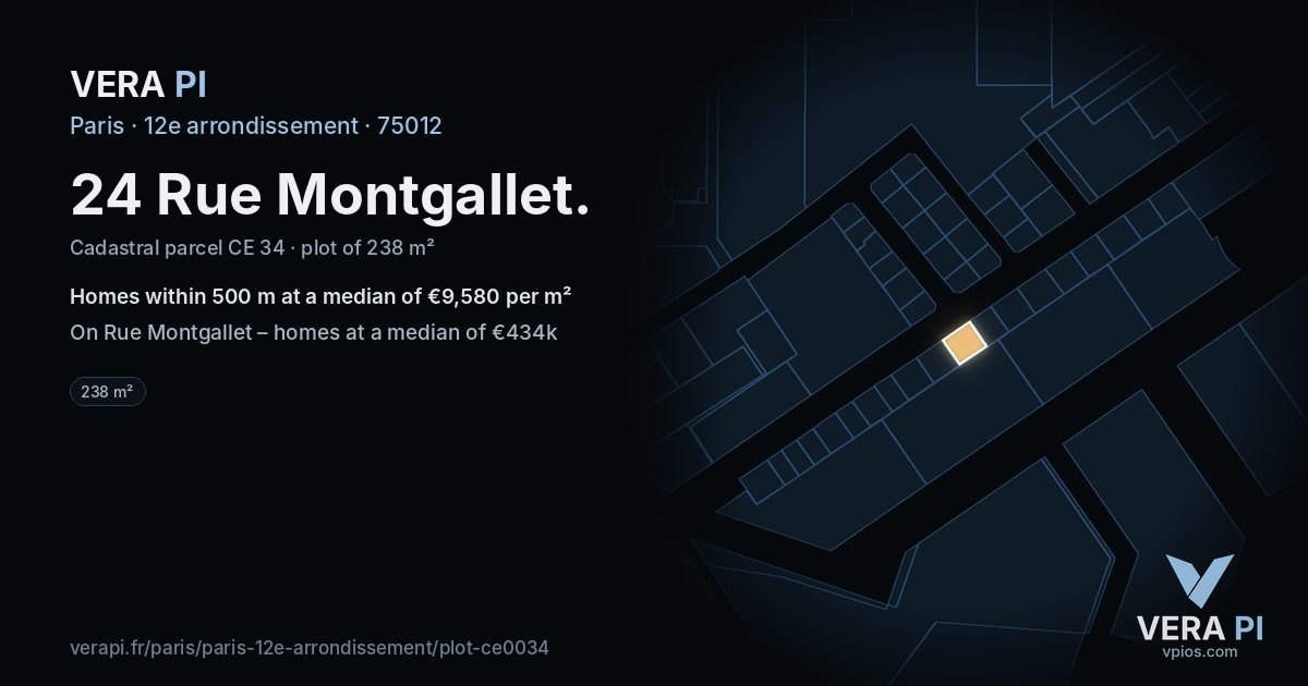 24 Rue Montgallet, 12e arrondissement at night – the plot lit, the parcels around coloured by the prices near them