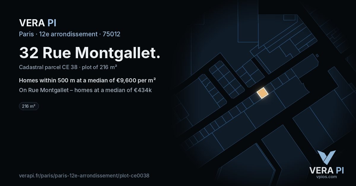 32 Rue Montgallet, 12e arrondissement at night – the plot lit, the parcels around coloured by the prices near them