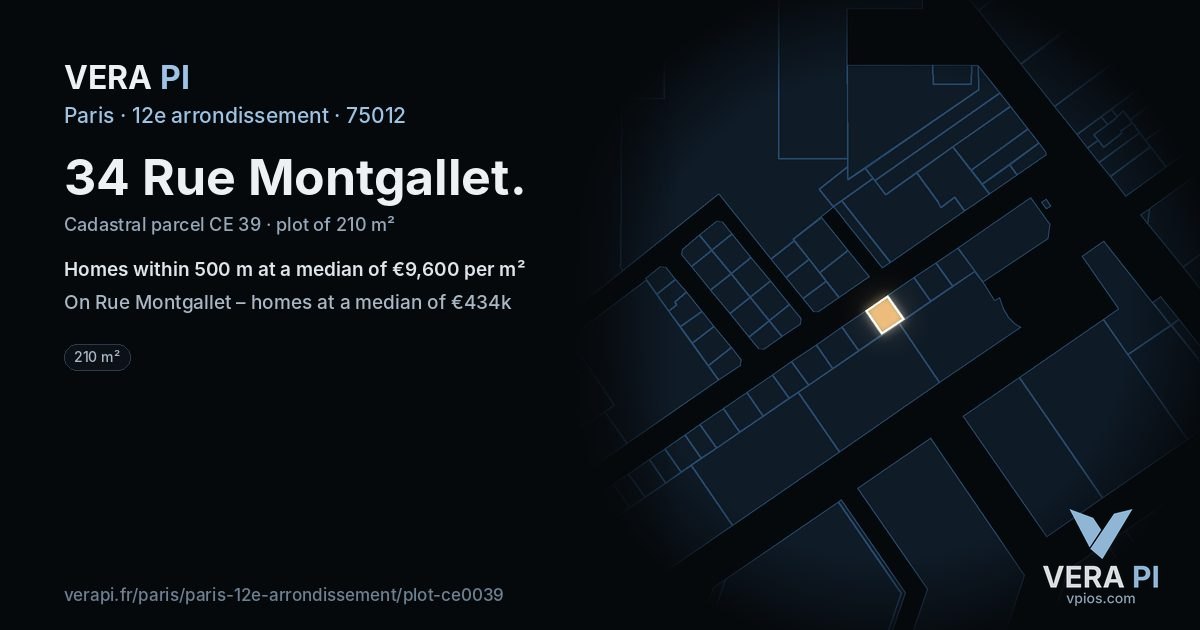 34 Rue Montgallet, 12e arrondissement at night – the plot lit, the parcels around coloured by the prices near them