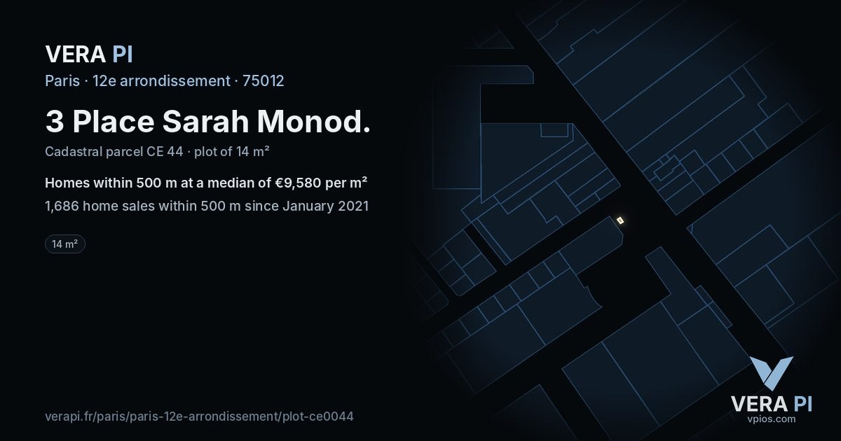 3 Place Sarah Monod, 12e arrondissement at night – the plot lit, the parcels around coloured by the prices near them