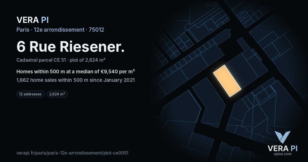6 Rue Riesener, 12e arrondissement at night – the plot lit, the parcels around coloured by the prices near them
