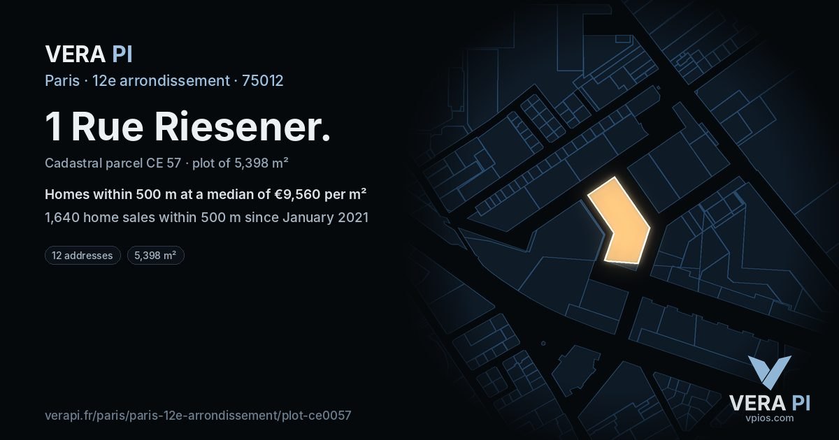 1 Rue Riesener, 12e arrondissement at night – the plot lit, the parcels around coloured by the prices near them