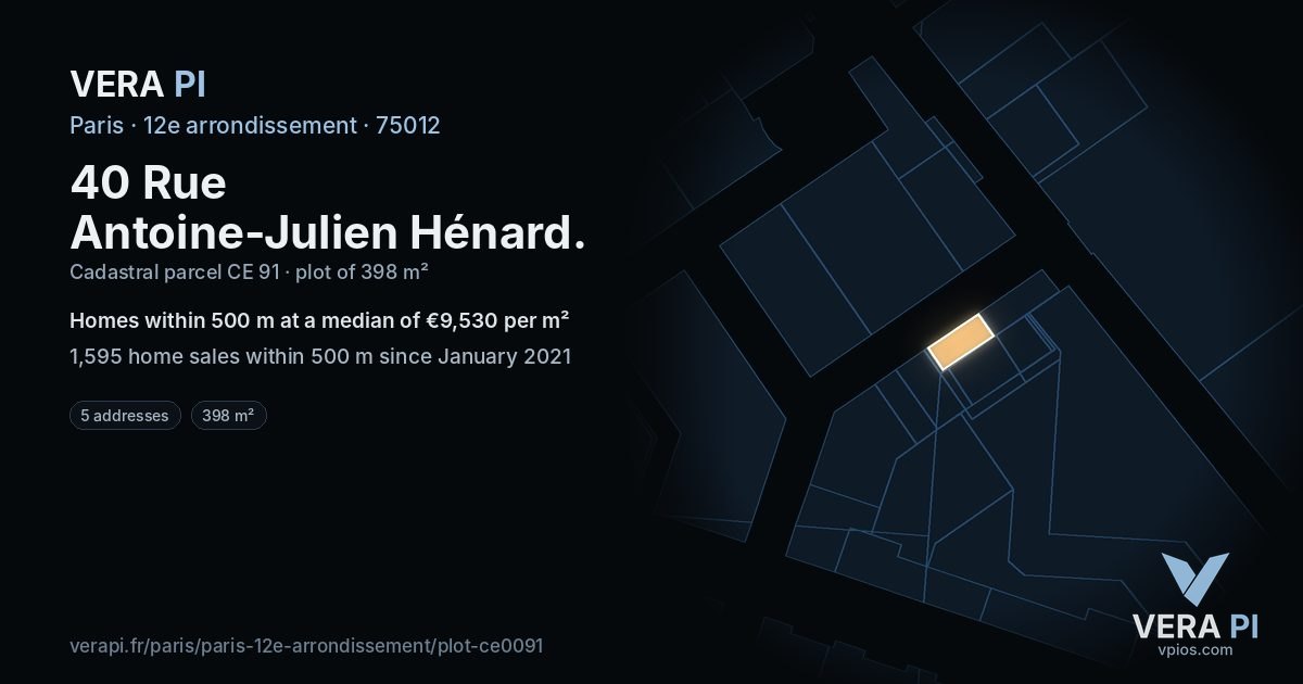 40 Rue Antoine-Julien Hénard, 12e arrondissement at night – the plot lit, the parcels around coloured by the prices near them