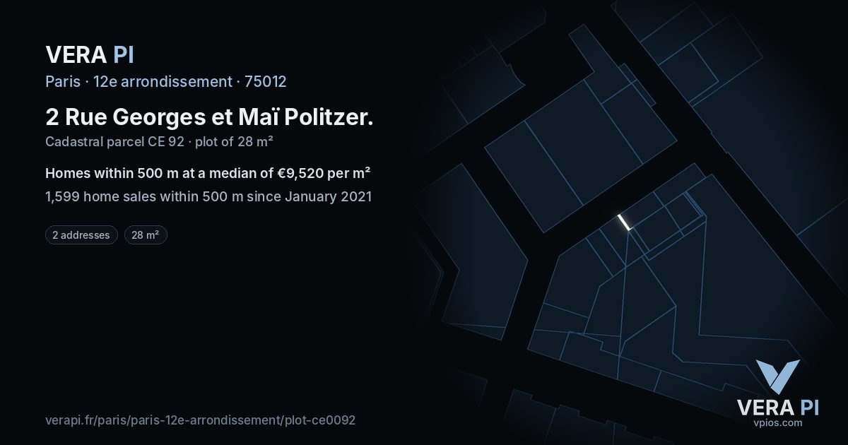 2 Rue Georges et Maï Politzer, 12e arrondissement at night – the plot lit, the parcels around coloured by the prices near them