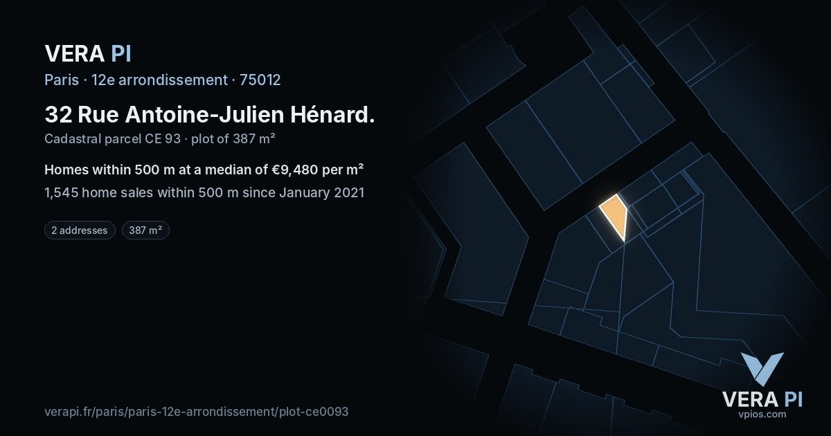 32 Rue Antoine-Julien Hénard, 12e arrondissement at night – the plot lit, the parcels around coloured by the prices near them