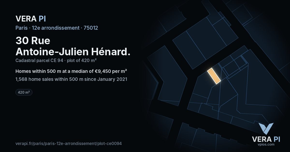 30 Rue Antoine-Julien Hénard, 12e arrondissement at night – the plot lit, the parcels around coloured by the prices near them