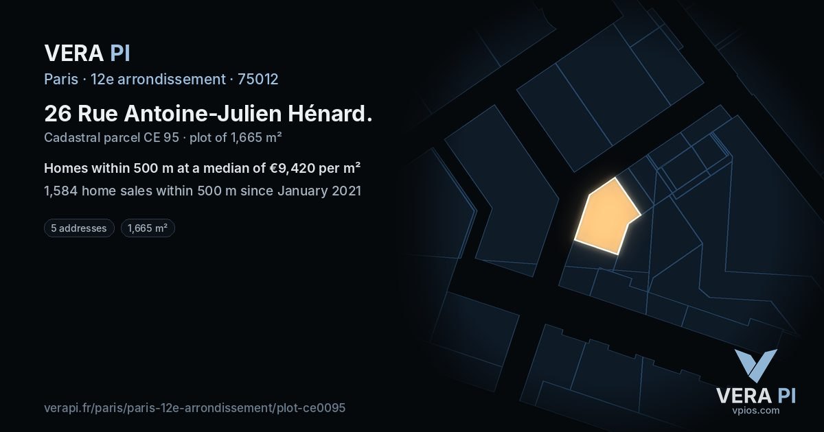 26 Rue Antoine-Julien Hénard, 12e arrondissement at night – the plot lit, the parcels around coloured by the prices near them