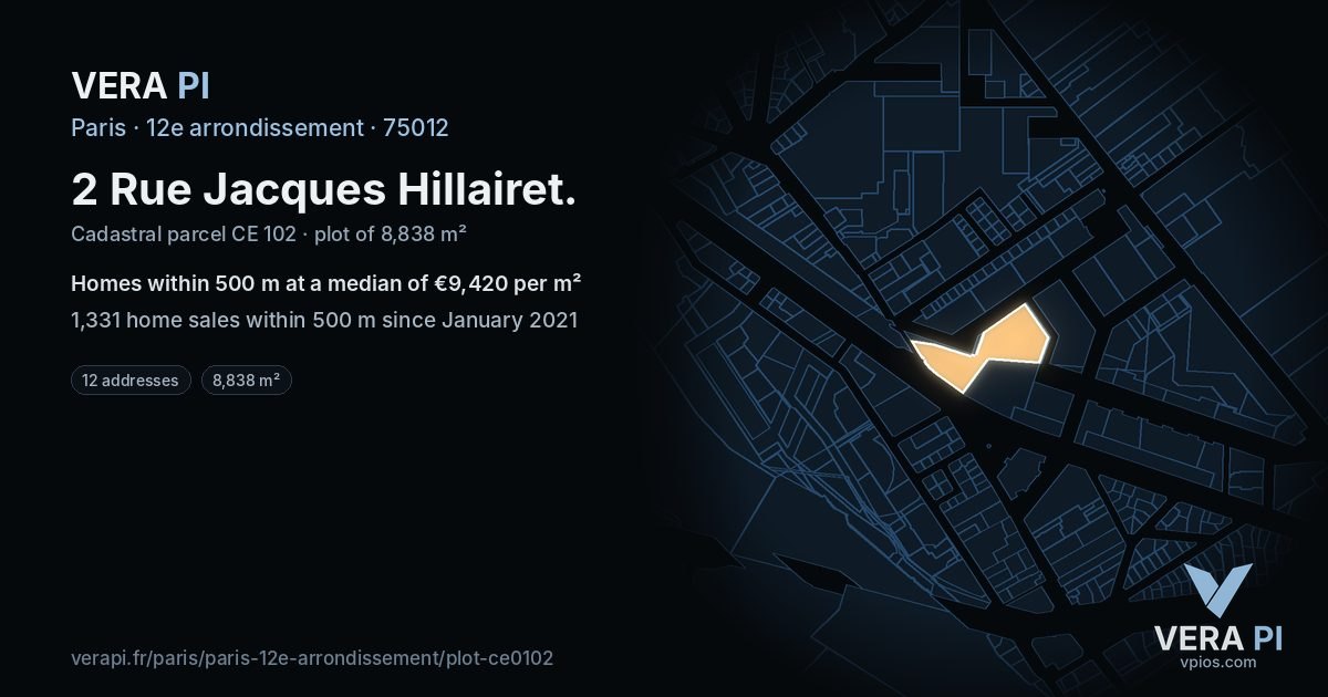 2 Rue Jacques Hillairet, 12e arrondissement at night – the plot lit, the parcels around coloured by the prices near them