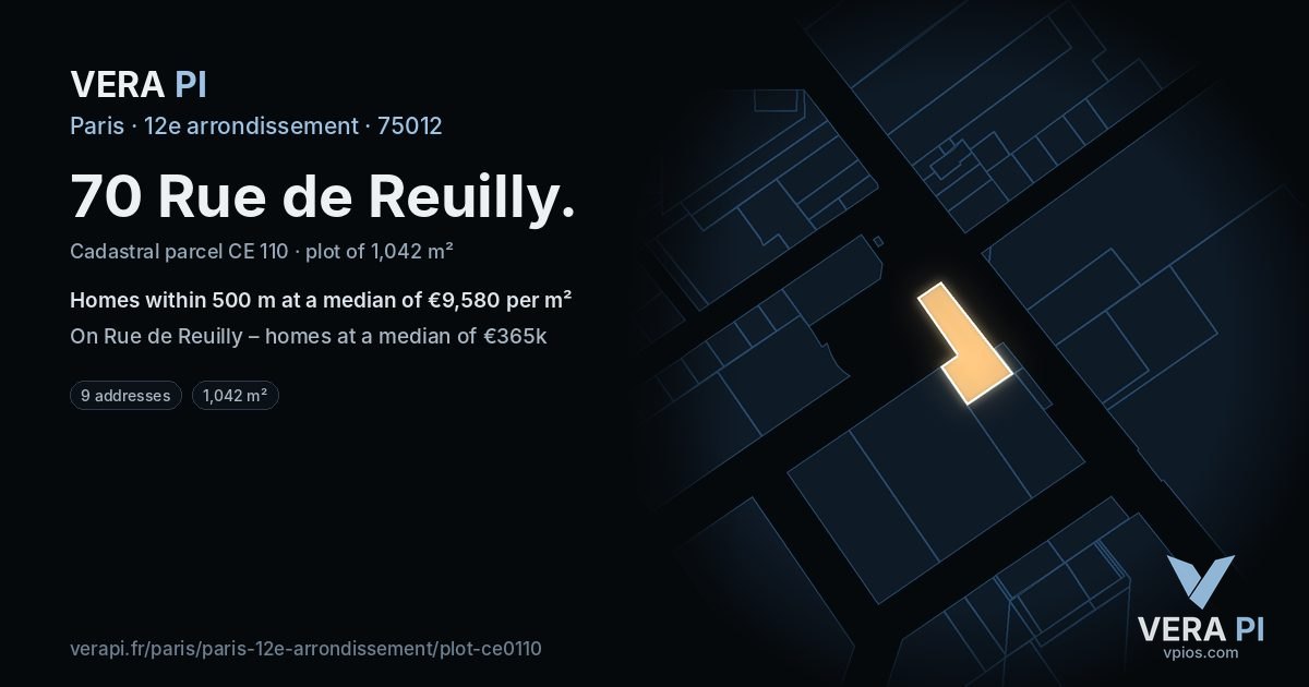 70 Rue de Reuilly, 12e arrondissement at night – the plot lit, the parcels around coloured by the prices near them