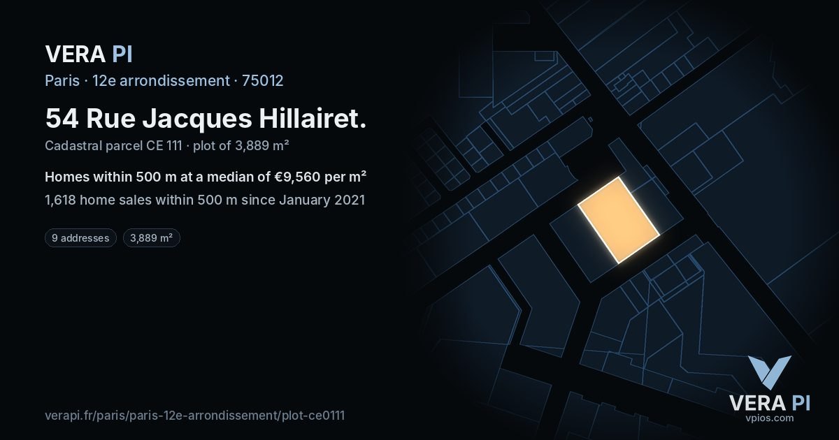 54 Rue Jacques Hillairet, 12e arrondissement at night – the plot lit, the parcels around coloured by the prices near them