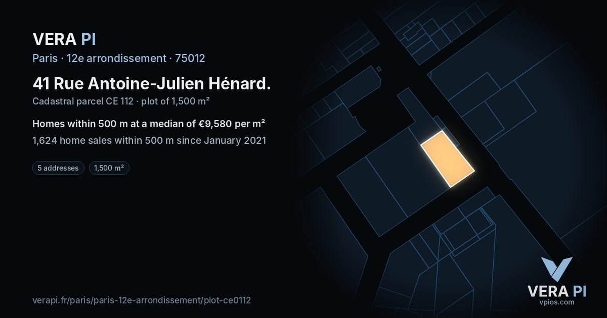 41 Rue Antoine-Julien Hénard, 12e arrondissement at night – the plot lit, the parcels around coloured by the prices near them
