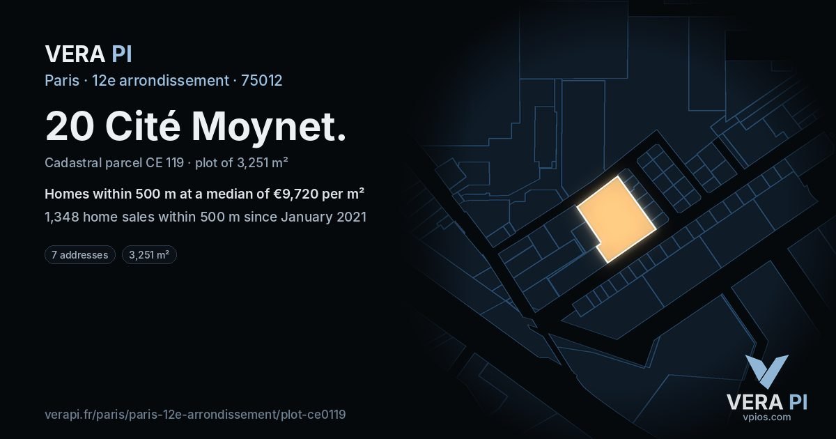 20 Cité Moynet, 12e arrondissement at night – the plot lit, the parcels around coloured by the prices near them