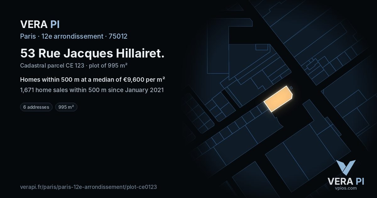 53 Rue Jacques Hillairet, 12e arrondissement at night – the plot lit, the parcels around coloured by the prices near them