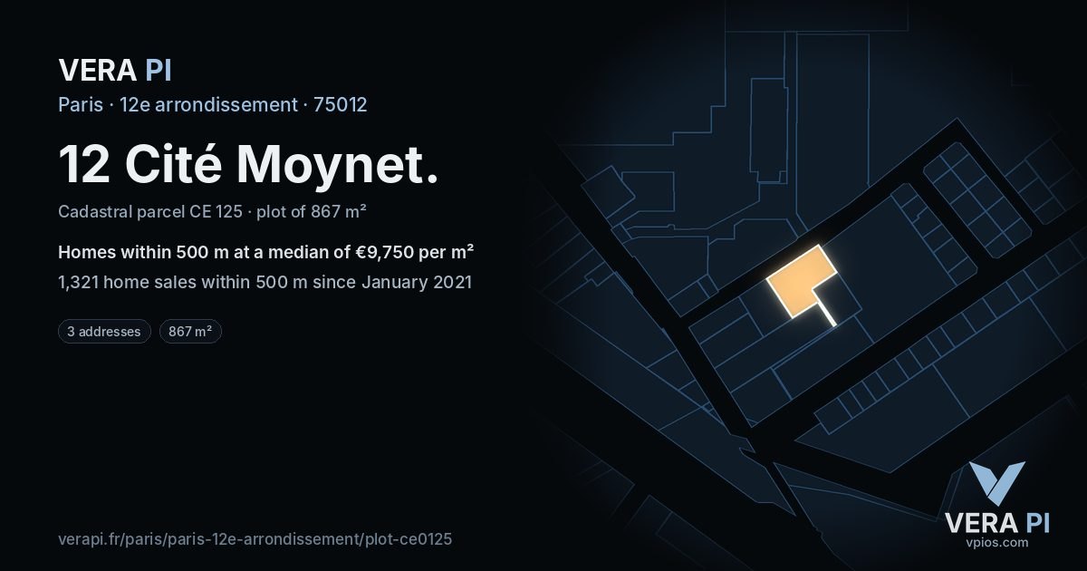12 Cité Moynet, 12e arrondissement at night – the plot lit, the parcels around coloured by the prices near them