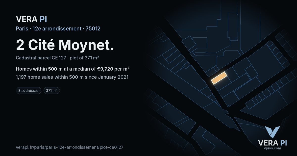2 Cité Moynet, 12e arrondissement at night – the plot lit, the parcels around coloured by the prices near them