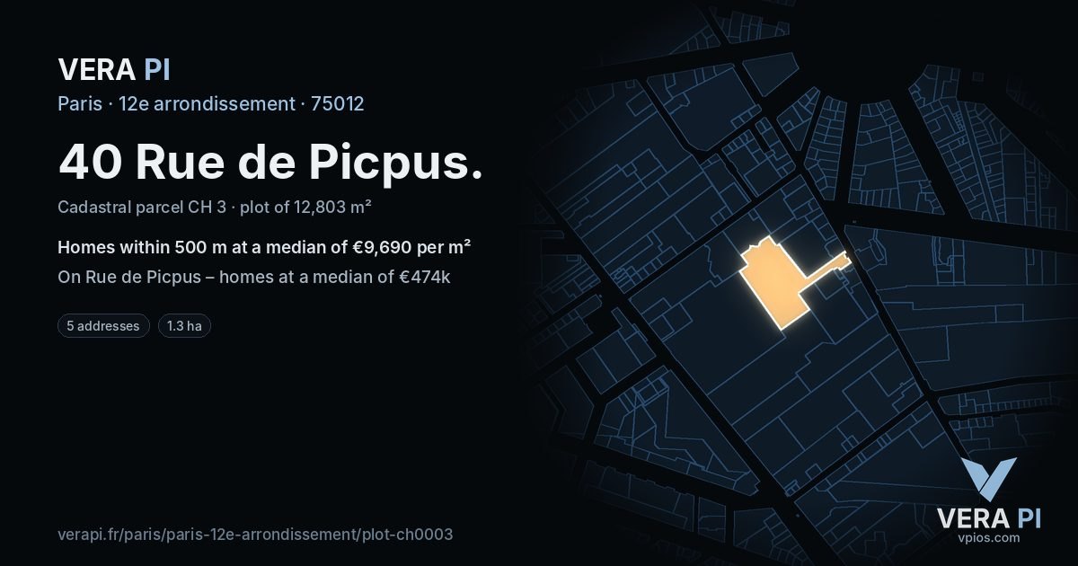 40 Rue de Picpus, 12e arrondissement at night – the plot lit, the parcels around coloured by the prices near them