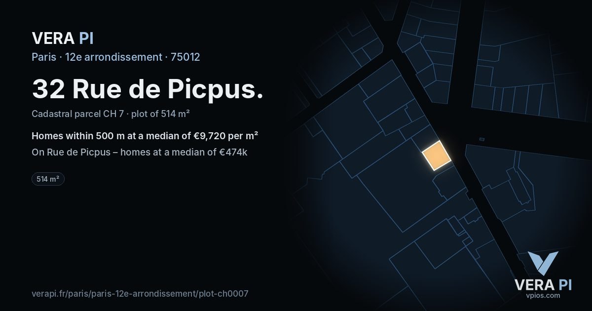 32 Rue de Picpus, 12e arrondissement at night – the plot lit, the parcels around coloured by the prices near them