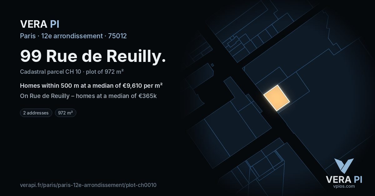 99 Rue de Reuilly, 12e arrondissement at night – the plot lit, the parcels around coloured by the prices near them