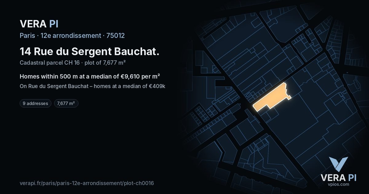 14 Rue du Sergent Bauchat, 12e arrondissement at night – the plot lit, the parcels around coloured by the prices near them